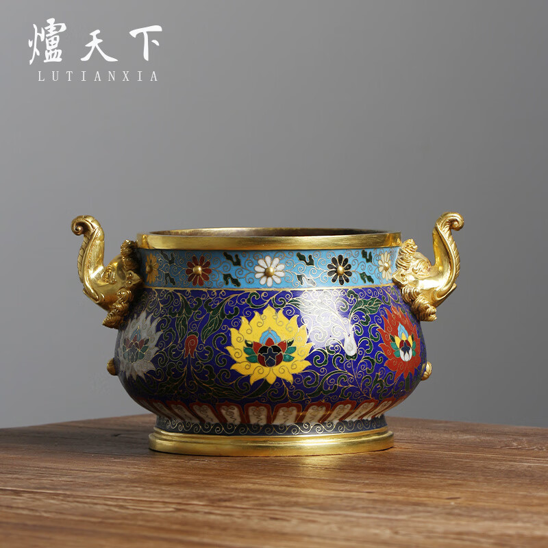 炉天下掐丝珐琅朝天象耳炉景泰蓝熏炉宣德炉铜香炉文玩文房收藏摆件