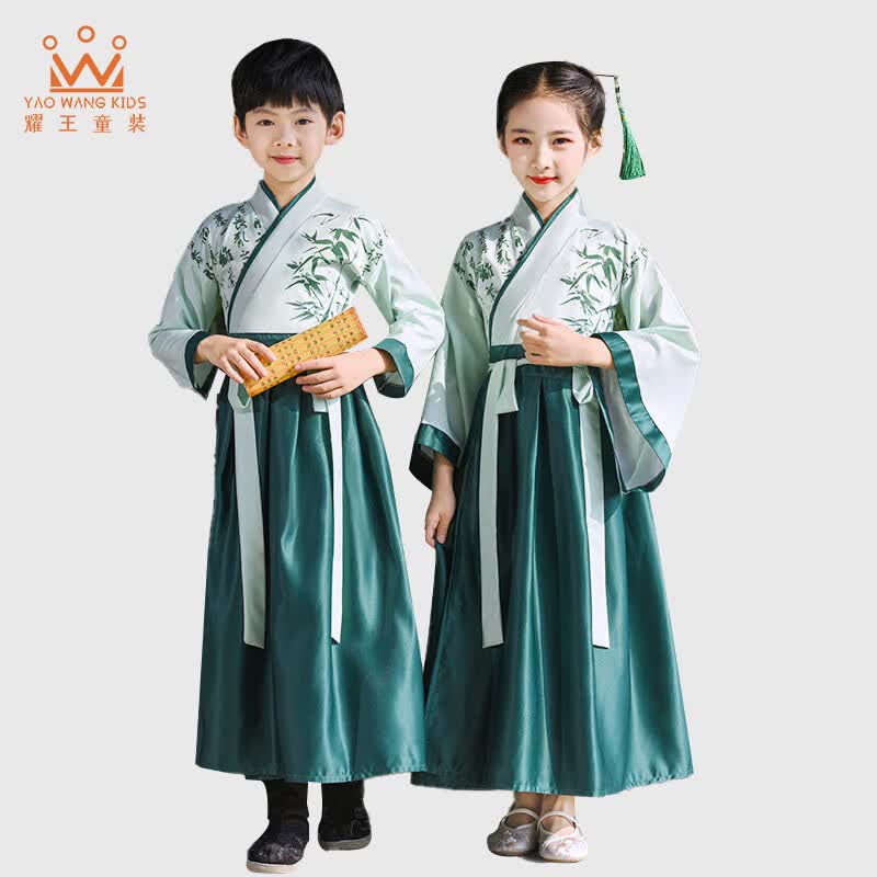 耀王 儿童汉服男童国学服女童古装襦裙小学生诗歌朗诵三字经六一演出服 YR-AM-66 绿色广袖男女同款套装 150怎么样,好用不?