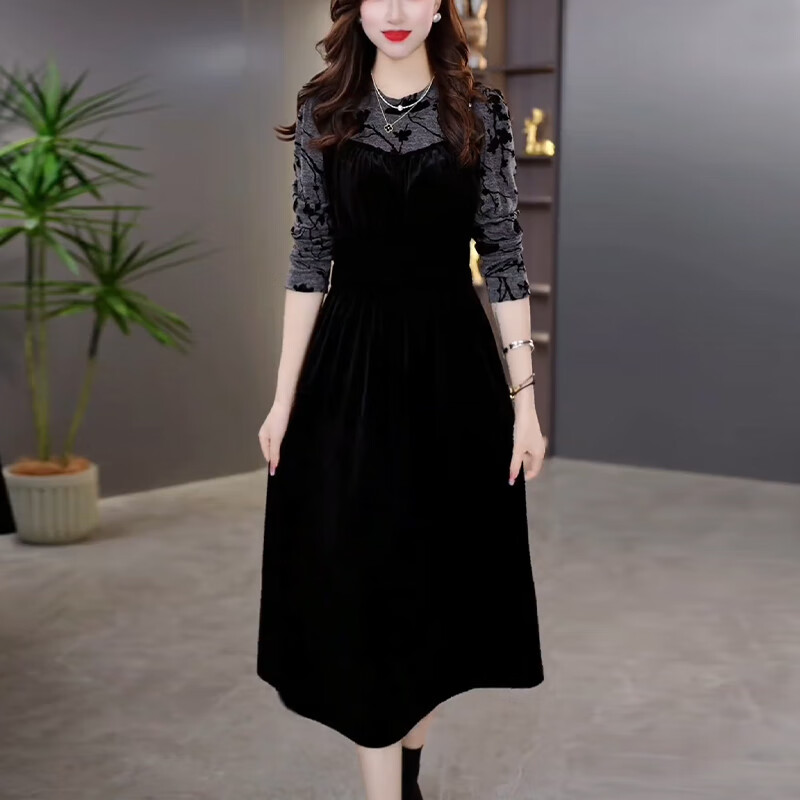 皮尔卡丹(pierre cardin)高端金丝绒连衣裙高贵洋气秋冬季2024新款