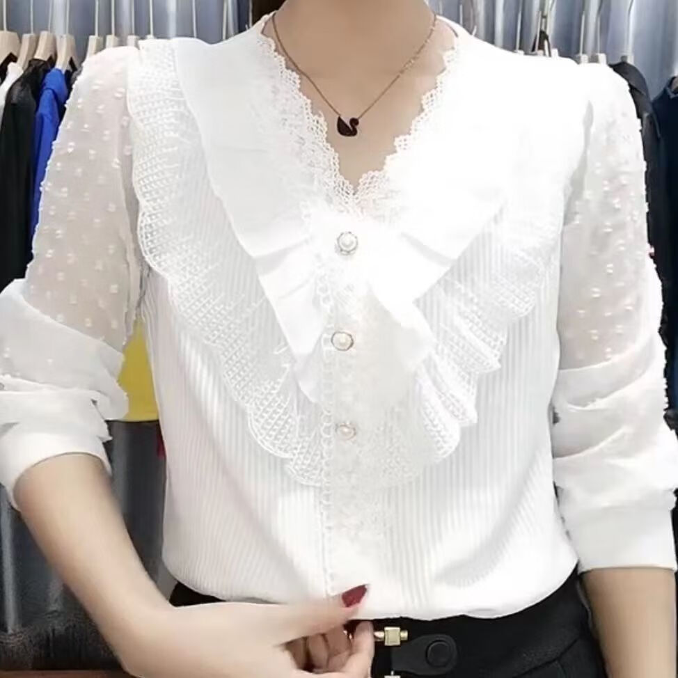 幻领格30-40岁女人衬衫高端夏季v领木耳花边打底衫长袖女洋气宽松韩版