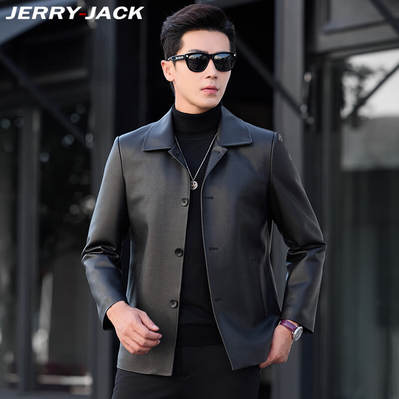 JERRYJACK新款男士皮衣皮夹克短款商务休闲外套海宁真皮牛皮秋冬款中年外套 黑色（中长款单里） 2XL