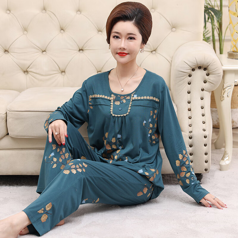 独孤伽罗妈妈睡衣女中老年带胸垫家居服套v领长袖宽松大码套装秋冬季