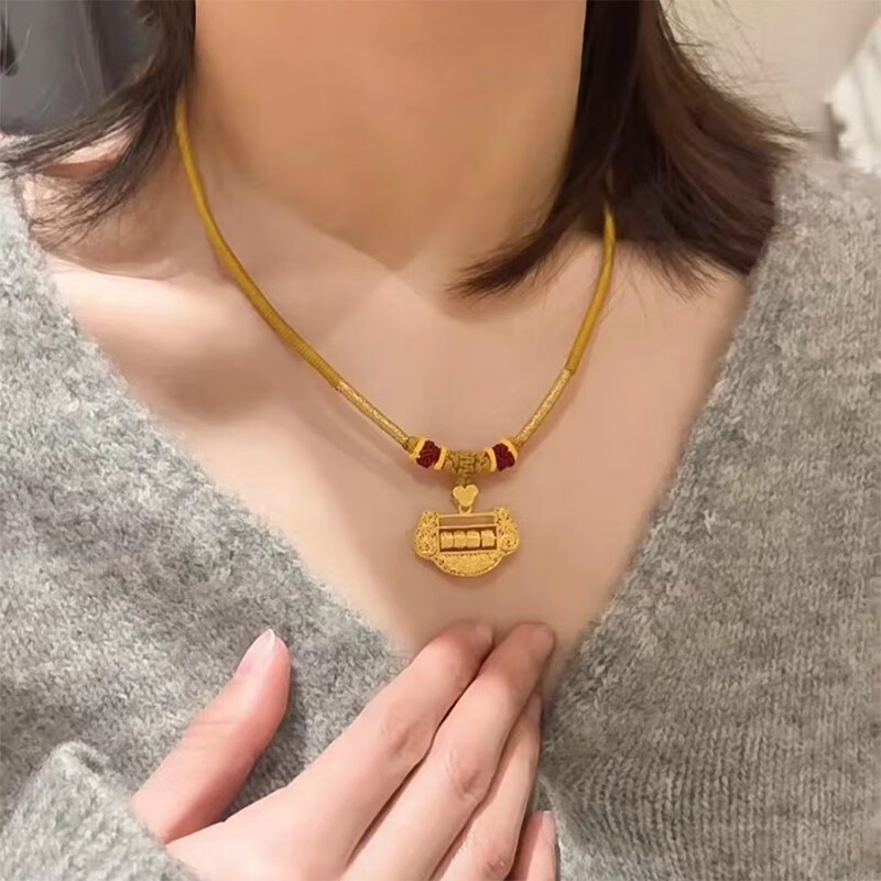 胤乃珠宝黄金平安锁吊坠足金999岁岁平安长命锁手工编织项链 重约10.