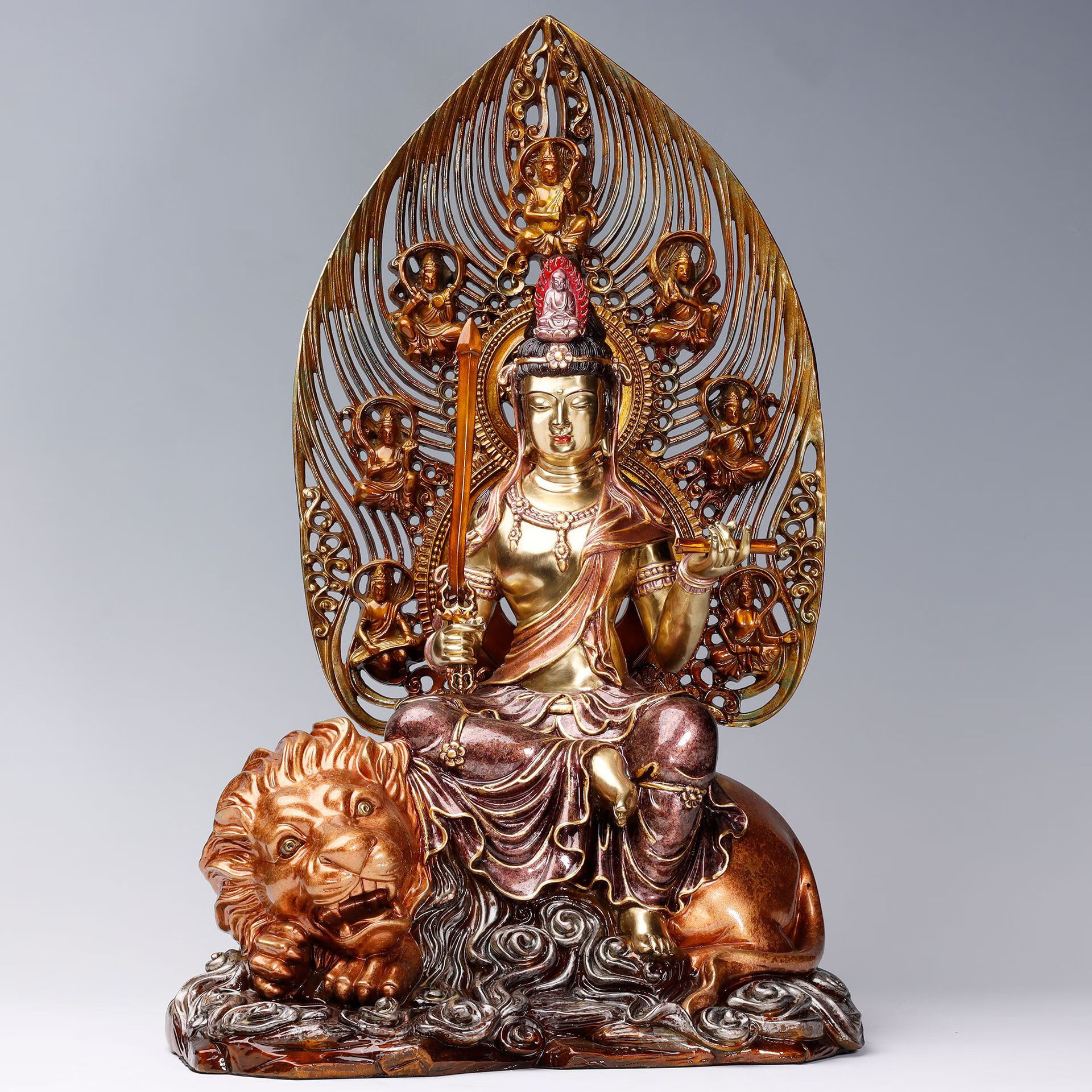 彩铜描金坐狮子文殊菩萨佛像摆件家用佛堂供奉中式菩萨铜像工艺品