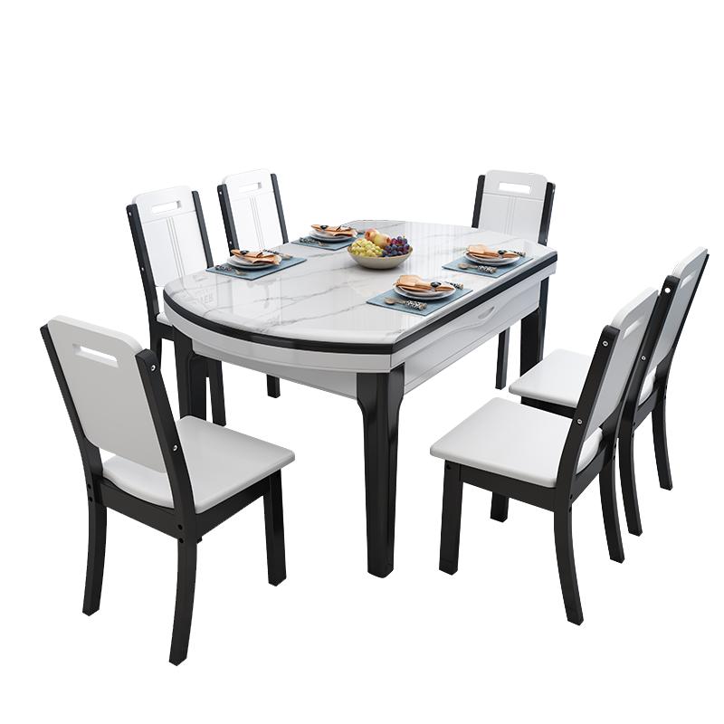 初屋 餐桌 实木岩板餐桌现代简约大理石餐桌椅组合可伸缩折叠吃饭桌子 颜色备注-1.35米-12MM-贝勒椅 一桌六椅