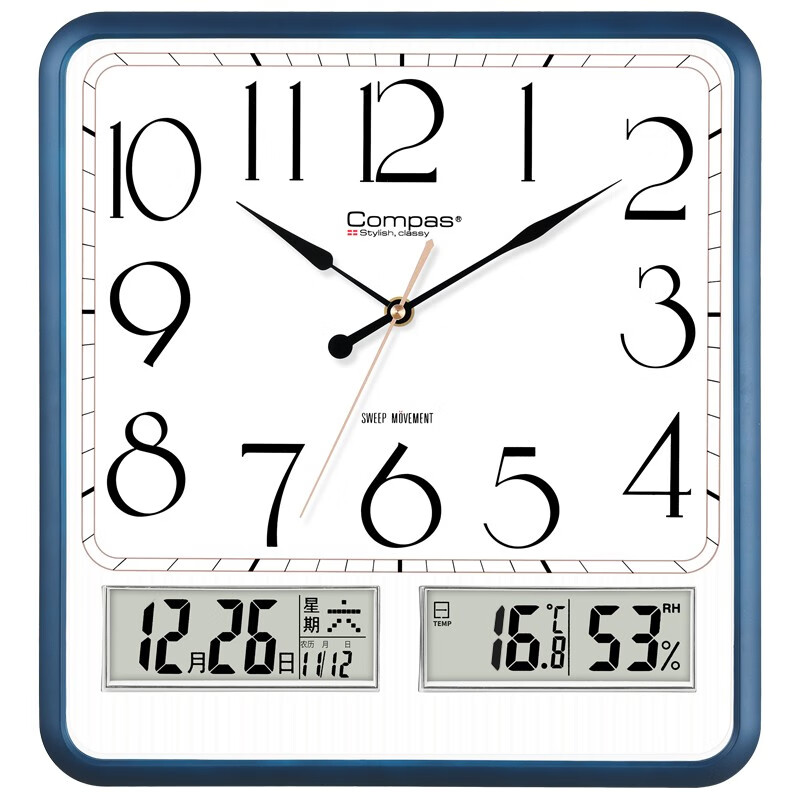 康巴丝（Compas） 挂钟万年历温湿度钟表创意客厅时钟简约挂表方形日历石英钟 3325宝蓝