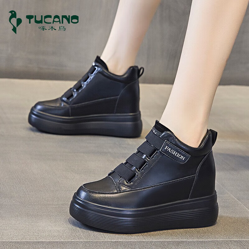 啄木鸟休闲鞋内增高女鞋子黑色松糕运动鞋厚底高跟透气单鞋2024秋季