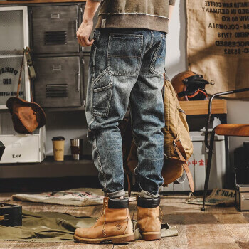 JEEP SPIRIT美式工装牛仔裤子男宽松直筒春夏新款重磅男士复古休闲裤潮 黄泥蓝 31 125-135