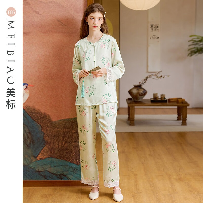 美标商场同款送礼物长袖真丝睡衣女春秋重磅桑蚕丝中国风丝绸家居服夏 淡绿 L (165/88A)