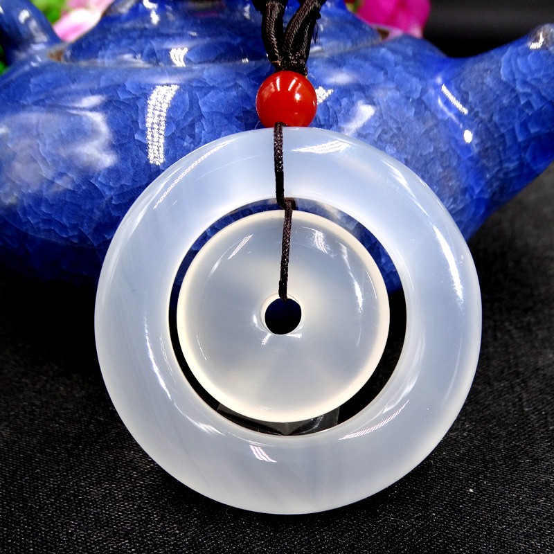 艺沁轩高冰玉髓子母平安扣毛衣链玉吊坠玛瑙白玉母子双扣项链男女款