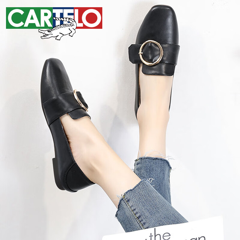 卡帝乐鳄鱼 cartelo 单鞋女平底乐福鞋百搭一脚蹬女鞋 khh-fs-12 黑色