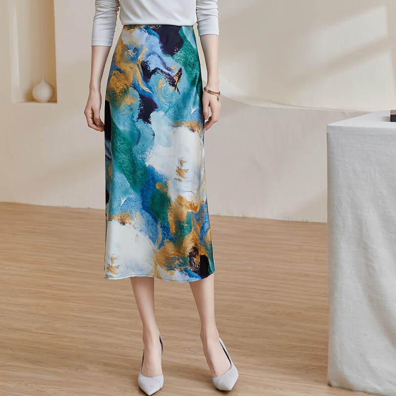 米思阳（missshine）2026新款时尚水彩印花中长裙顺滑显瘦A字半身裙女0630 绿色  2XL