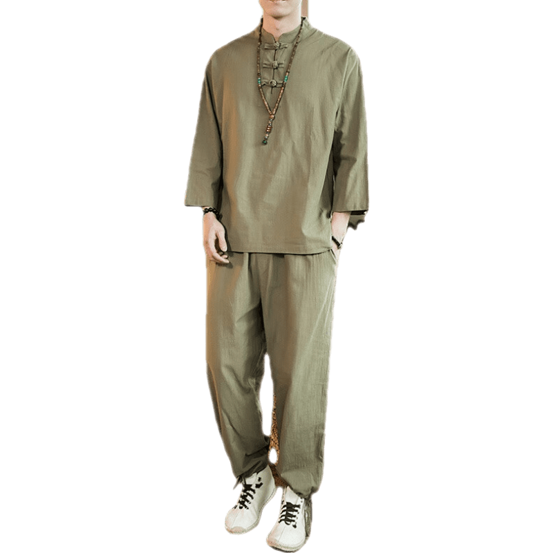 皮爾卡丹（pierre cardin）套裝中國(guó)風(fēng)男亞麻棉麻禪意唐裝漢服茶道居士七分袖衣服中式佛系夏 七分中袖長(zhǎng)褲黃綠色 M