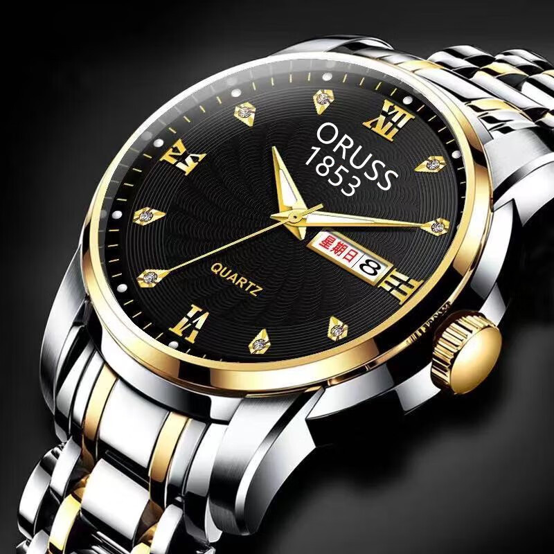 (0.01)全自动机芯表手表男士防水夜光腕表双日历镶钻石英表 间金男款黑面