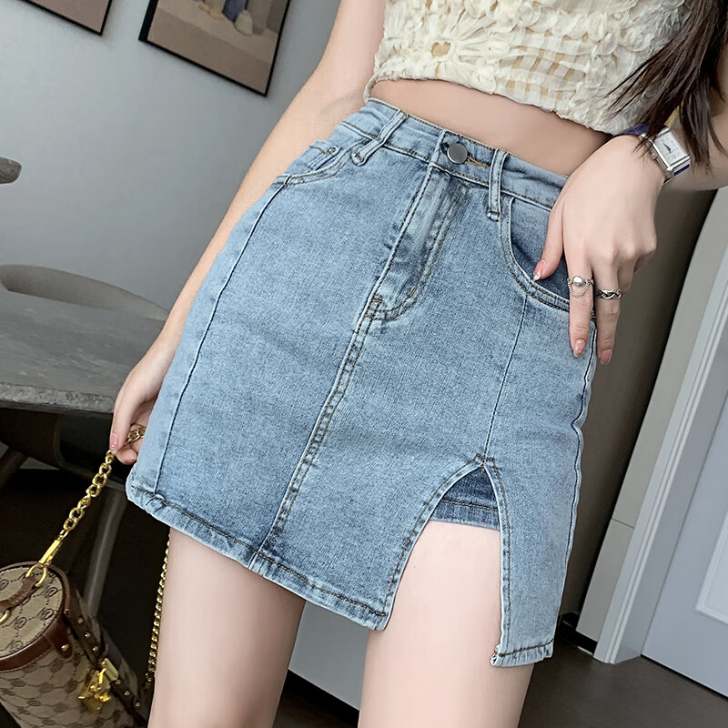 花馆春夏季女生牛仔裙半身裙女短款女士半截裙开叉牛仔女夏辣妹短裙新