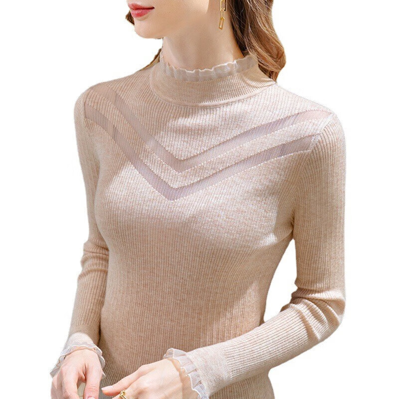 香影芬新款针织衫女半高领蕾丝边打底衫女修身镂空毛衣女洋气内搭上衣女 黑色 XL (建议115-125斤)