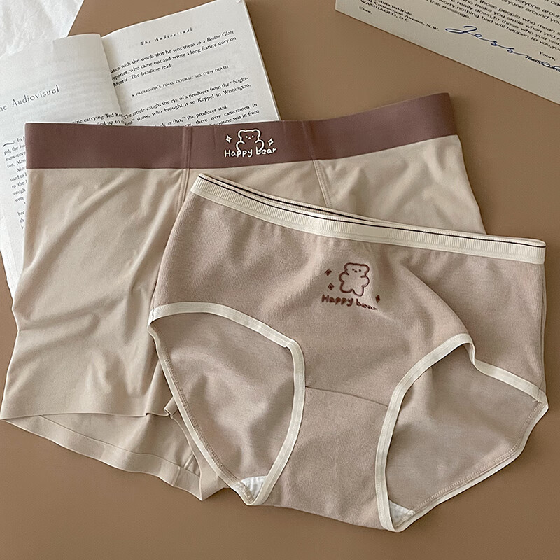 羅亨士情侣内裤一男一女生夫妻底裤衩莫代尔小熊可爱个性感无痕内衣套装 奶咖小熊 女M/男XXL