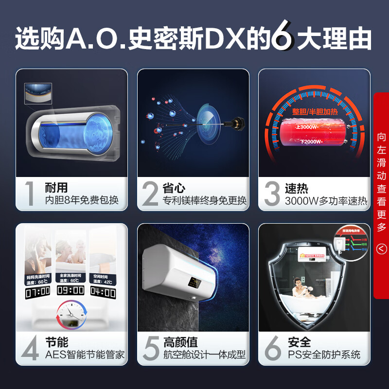 史密斯80升电热水器 智能旗舰款 免更换镁棒 大屏触控 双驱动速热节能 金圭内胆8年包换 E80EDX 遥控预约