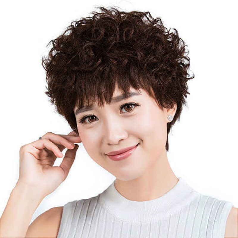 女士假发真发烫发送妈妈真发女人发丝发套女持久烫发假发女短卷发中