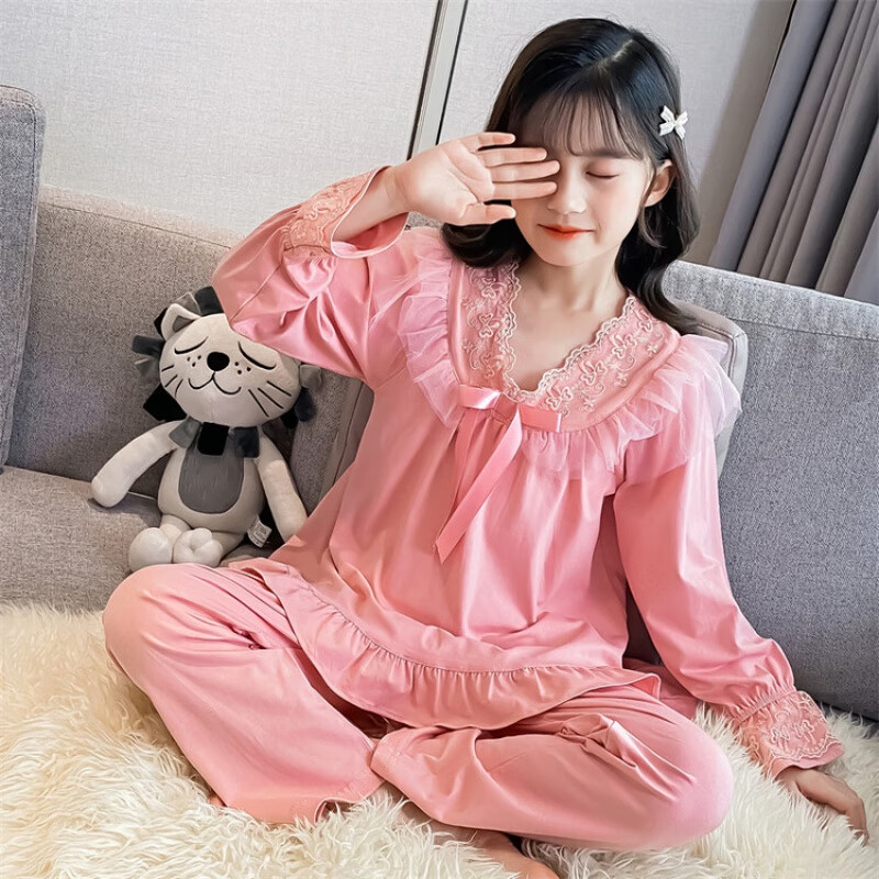 刘潮布韩系女童睡衣春秋2024新款儿童长袖家居服网红中大童春季 粉色