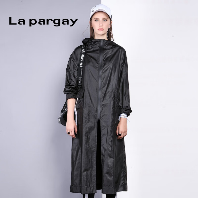 lapargay纳帕佳新款女装春秋季黑白撞色风衣连帽长袖休闲外套潮 黑色