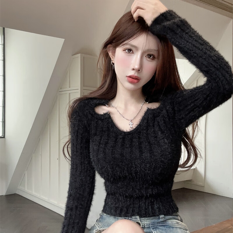 婵栩秋冬紧身短款毛衣打底衫修身女士慵懒风辣妹镂空别致锁骨毛衣女秋