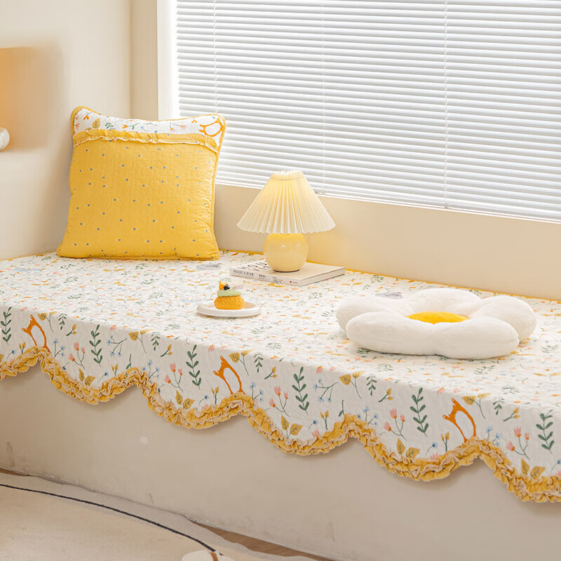 太美鑫 四季通用田園碎花飄窗墊棉布臥室窗臺(tái)防滑墊可定制榻榻米陽臺(tái)墊 曲邊-黃細(xì)葉 提示:一個(gè)尺寸對(duì)應(yīng)一張墊子
