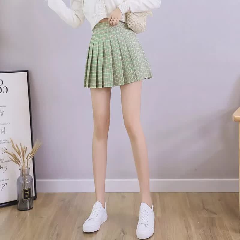 中凡智百褶裙女学生韩版高腰半身裙学院风果绿色防走光a字短裙秋冬 豆