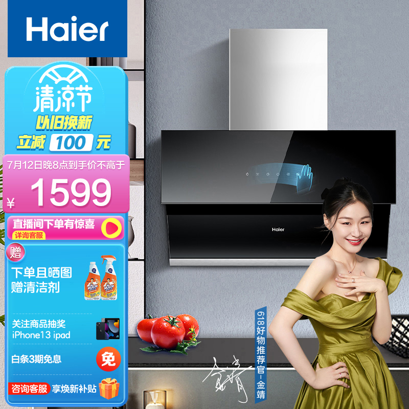 海尔（Haier）抽油烟机 侧吸式 21立方大吸力 420pa风压热熔自清洁智能挥手感应家用吸油烟机CXW-219-E900C13