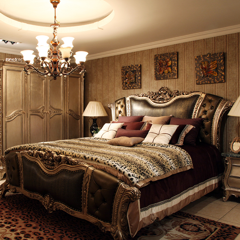 8米主卧室大床家用婚床法式高端奢华牛皮床全屋定制酒店别墅家具定做