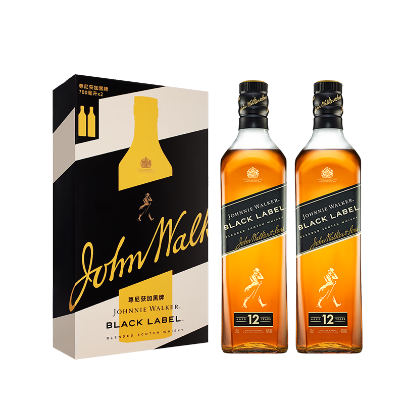尊尼获加（JOHNNIE WALKER）洋酒 12年黑方黑牌 双支礼盒装 700ml*2瓶 苏格兰调和型威士忌