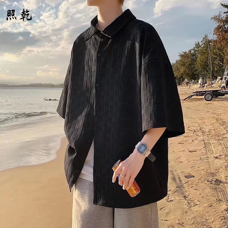 照乾衣多穿衬衫男夏季港风色短袖潮流休闲学生衬衣常青藤学院风男生半