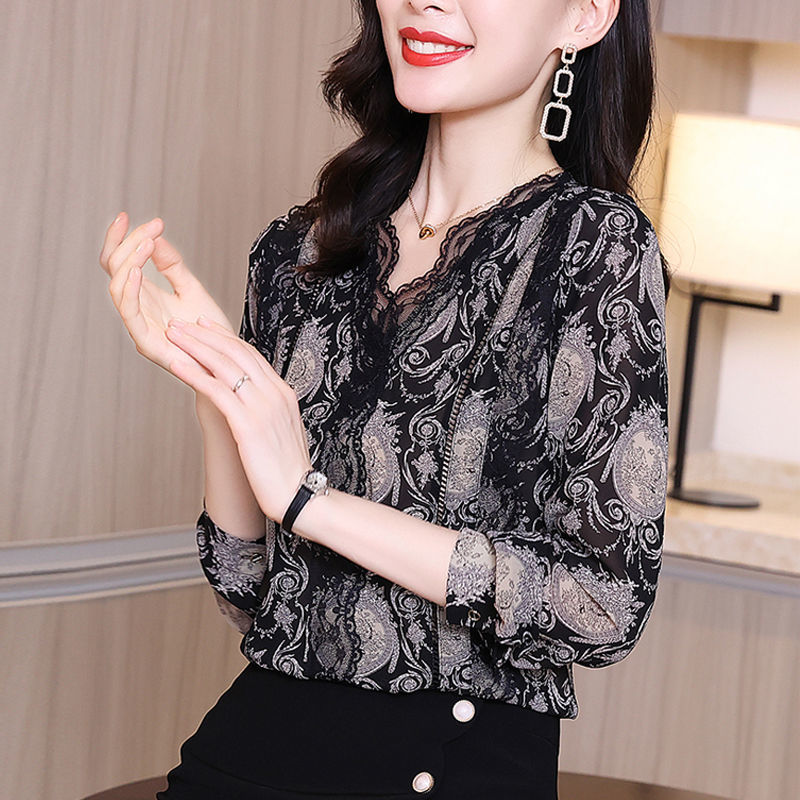 英梵度2024春秋装新款v领上衣女气质百搭时尚花衬衫洋气蕾丝长袖打底