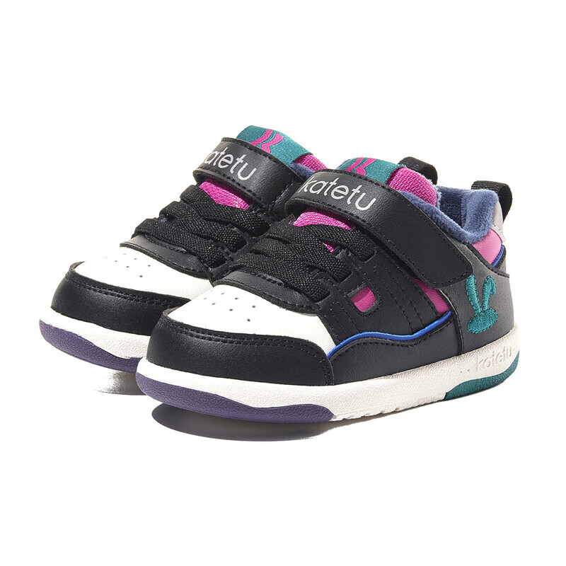 卡特兔男女宝宝学步鞋冬季软底机能鞋加绒保暖婴儿鞋小童防滑棉鞋 黑白玫红 22 内长13.5cm 脚长12.5-13.0