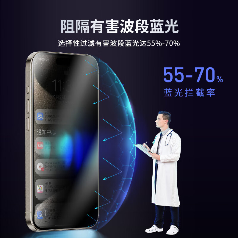 0度 适用苹果iPhone16ProMax钢化膜高清护眼防蓝光防射线防窥手机膜康宁玻璃抗指纹贴膜
 康宁防眩防窥护眼版-八项防护 iPhone16ProMax-6.9英寸