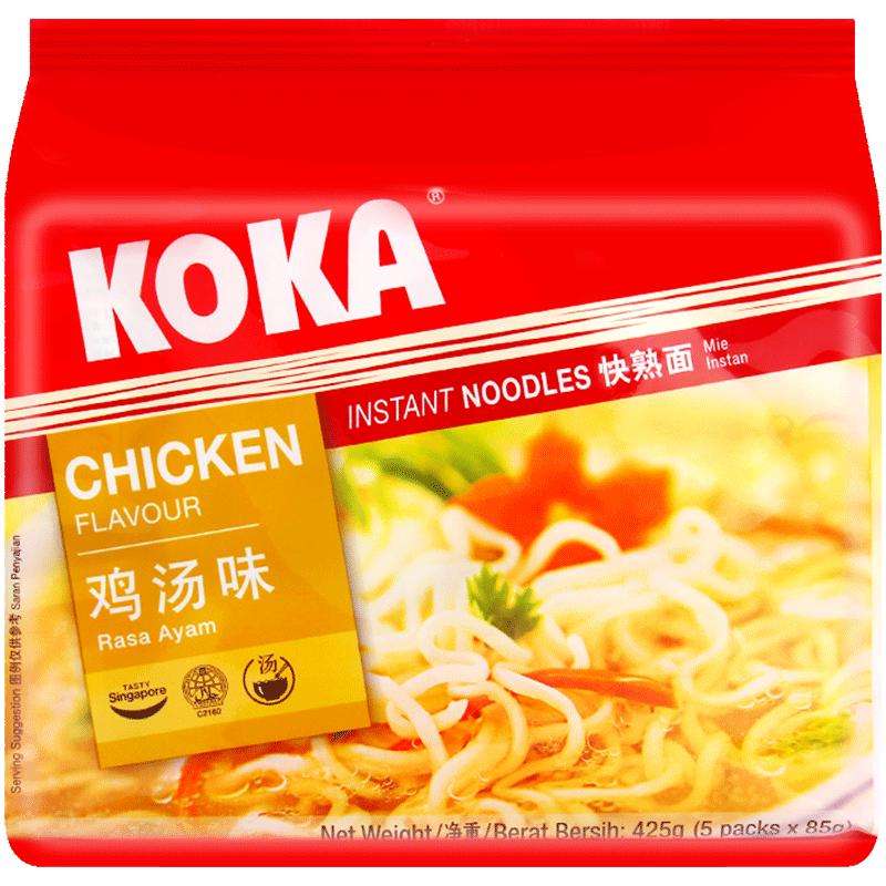 KOKA可口方便面袋裝 新加坡進口炒面 泡面干拌面炸醬面速食食品 雞湯味泡面五包（不辣）
