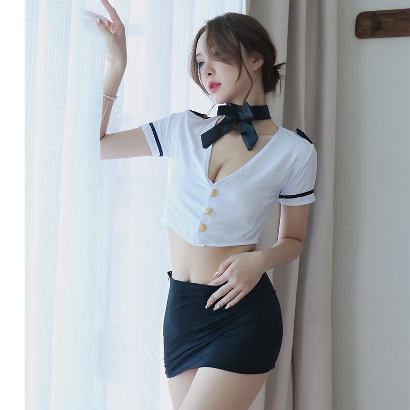 女士性感水手女空姐制服角色扮演诱惑女级污度夫妻刺激房事情趣内衣 黑白色 均码(80-120斤)