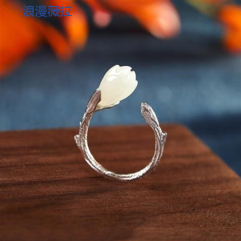 925银玉髓兰花戒指开口可调节