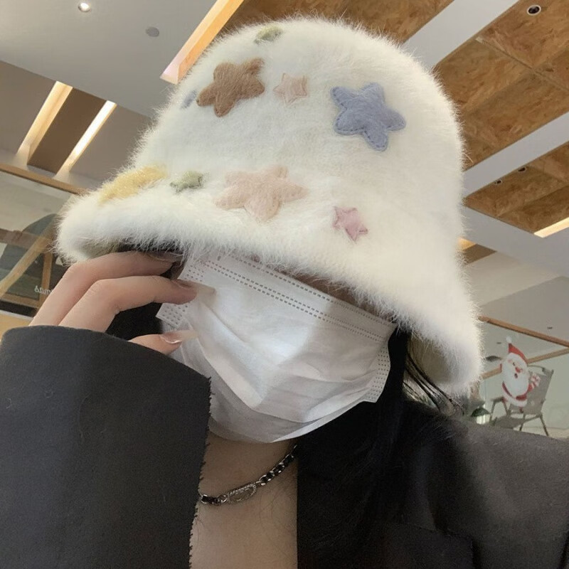 慕瑾繁饰秋冬兔毛显脸小水桶帽女可爱星星休闲百搭毛绒渔夫帽保暖遮脸