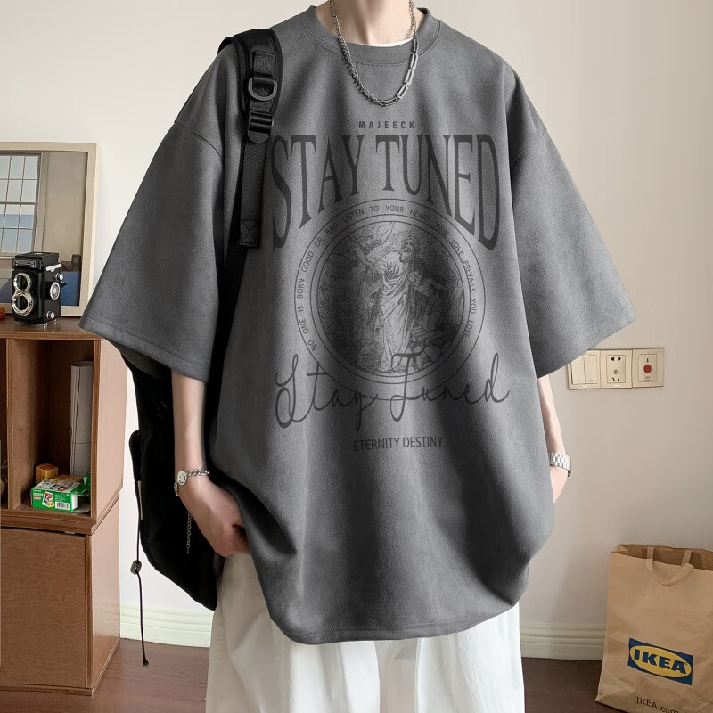 引异仿麂皮绒字母烧花美式复古短袖T恤男夏季潮流宽松上衣半袖体恤 深灰色 XL