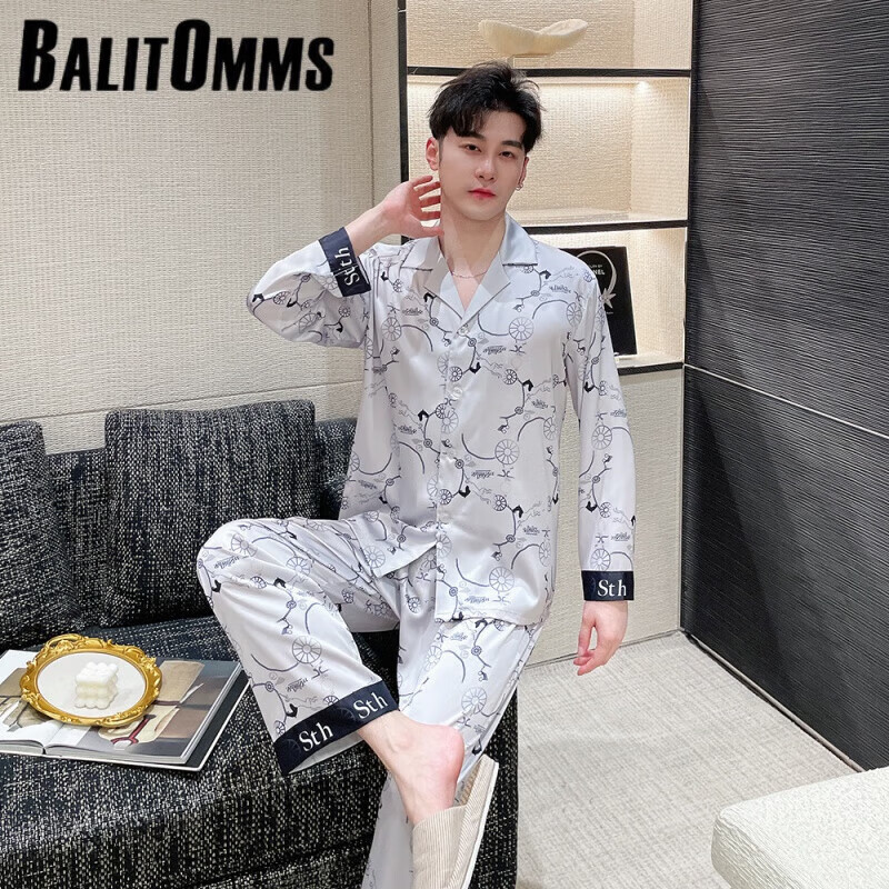 百丽驼美士（BALITOMMS）2023春季情侣睡衣马车轮韩版套装灰色马车轮满印双长男 M