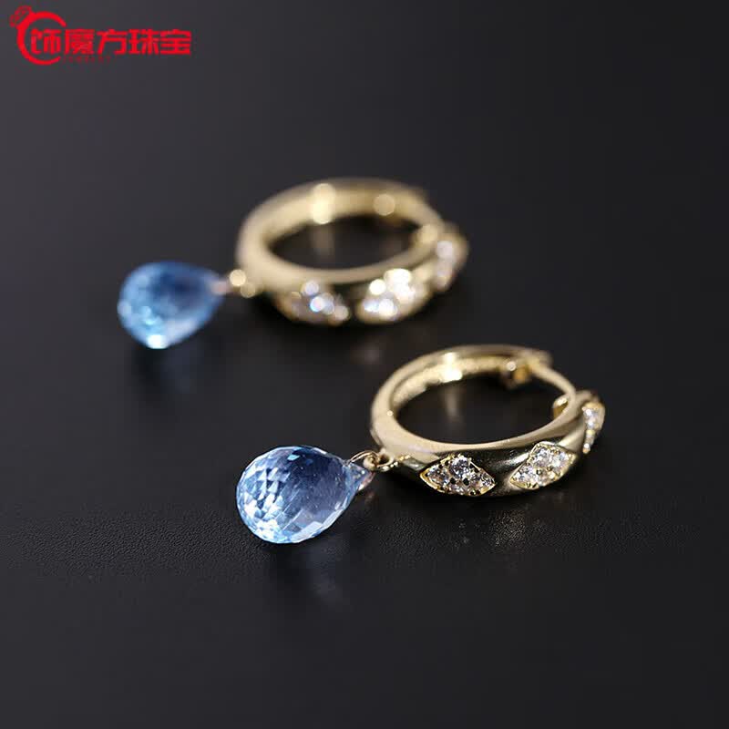 观菩阁托帕石耳环s925蓝海天空蓝女银镶嵌水滴彩宝耳饰潮蓝色 圆帕托石黄金色耳环:瑞士蓝