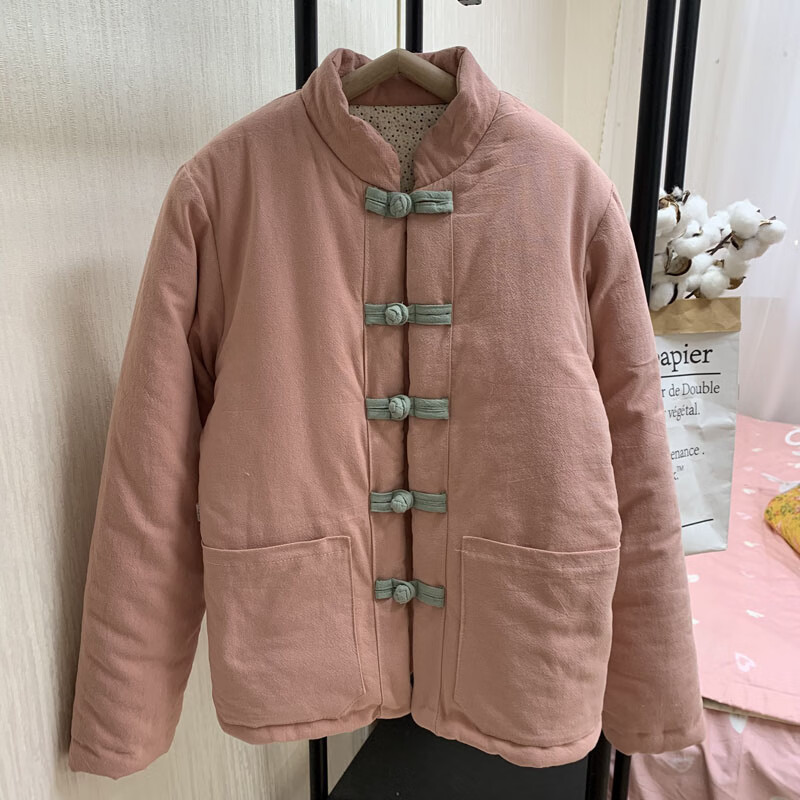 雅格羅伊純手工花綿襖女士冬季女士棉花襖手工天然棉花衣服媽媽裝中老年綿 皮粉 S碼80-95斤