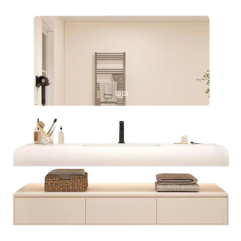 木夏經(jīng)年智能酒店風(fēng)浴室柜組合網(wǎng)紅可麗耐一體盆浴室柜奶油風(fēng)衛(wèi)生間洗臉盆 60cm+橡膠木+智能異形鏡