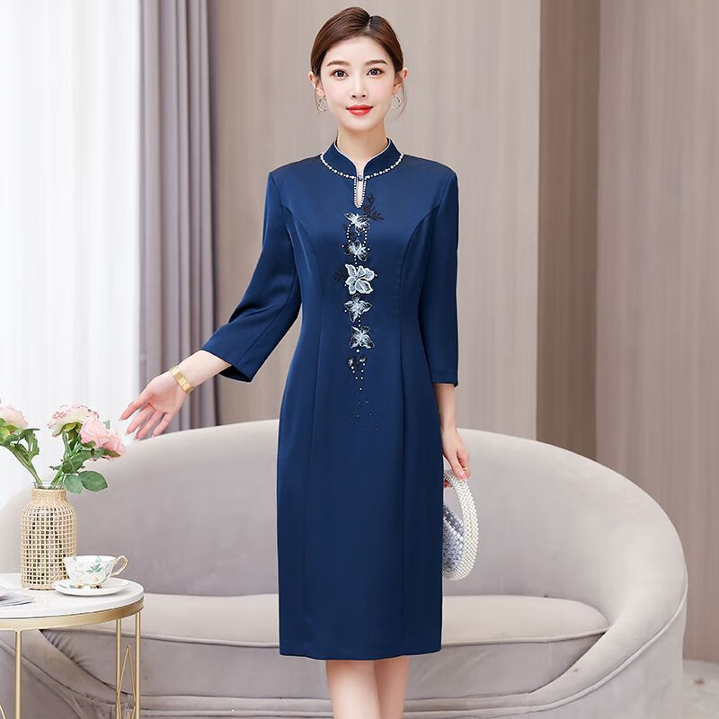 boku rooster春秋款中年妇女长袖旗袍裙中国风气质妈妈高档绣花改良