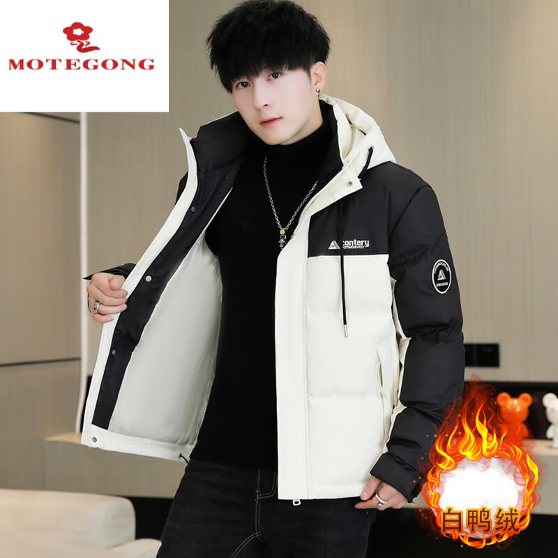 夢嬌羽絨服男士冬季時(shí)尚短款拼接上衣青少年學(xué)生防寒衣服潮流保暖外套 黑色 M