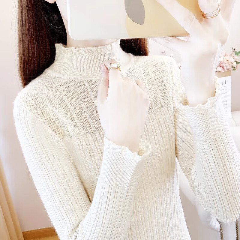 香影芬木耳领毛衣打底衫2025新款女秋冬内搭今年流行漂亮半高领针织上衣 白色501 M (建议95-105斤)