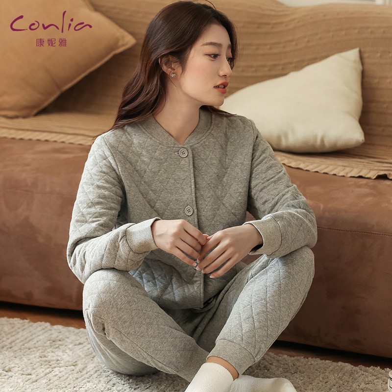 康妮雅（Conlia）睡衣女秋冬新款三層夾絲棉保暖純色女士家居服休閑可外穿套裝 中花灰 L