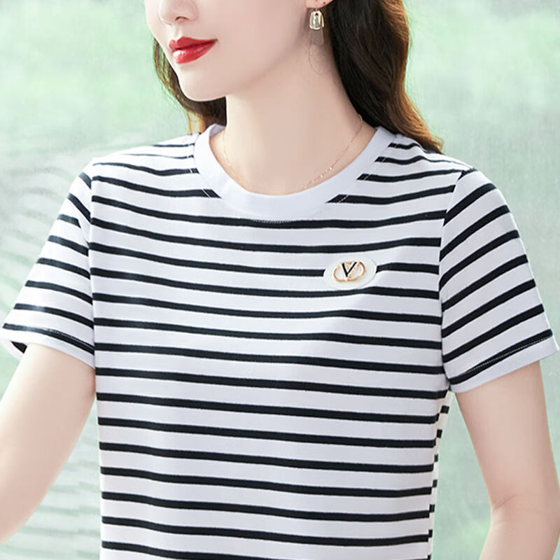 c中年女士短1袖高档上衣女时尚一点装圆领条纹t恤夏季2024新款宽松