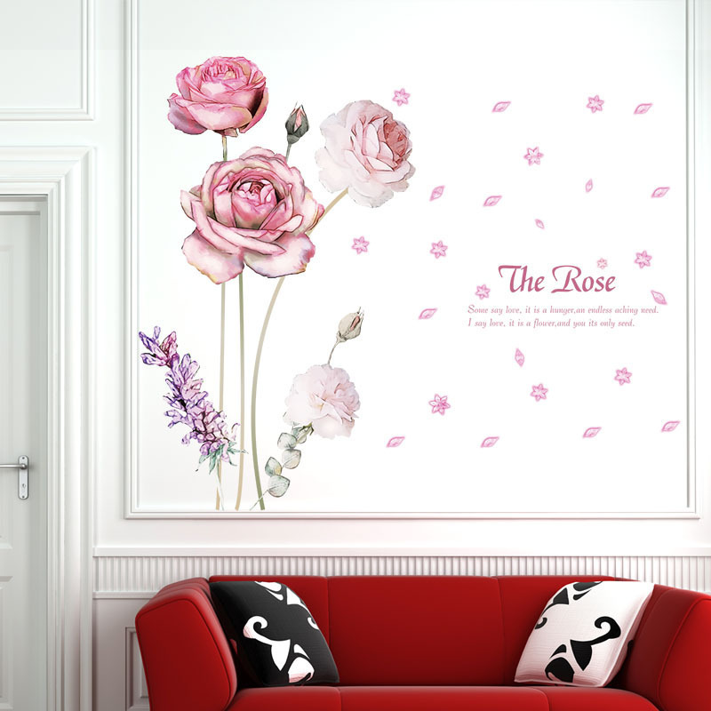 浪漫手绘月季花墙纸贴梦幻植物花卉鲜花海报贴画客厅沙发走廊沙发电视